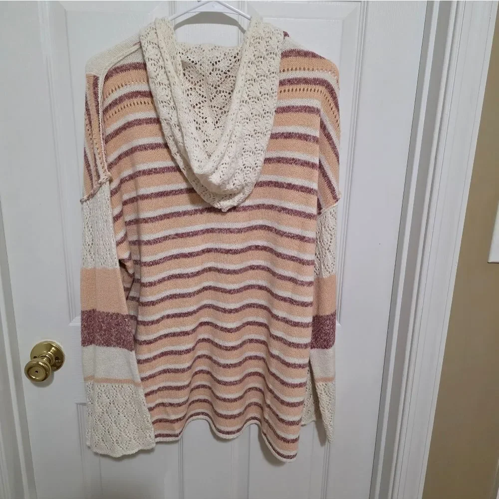 Haptics Knit Striped Hooded Sweater - Cream and Pink NEW Size LG